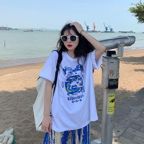 Korean shirt vintage Harajuku white printed loose t shirt female cotton short-sleeved T-shirt 2021 women clothes oversize top