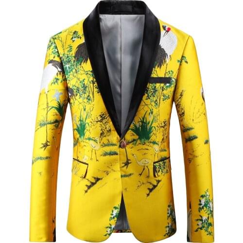 Mens Suit Yellow Embroidery Digital Printing Long Sleeve Suit Jacket Men Slim Blazer Jacket Fashion Show Party One Button Coat
