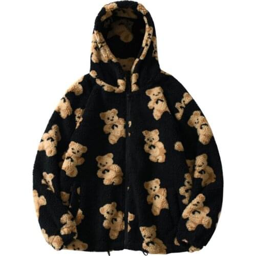 2021 Fleece Hooded Jackets Streetwear Casual Harajuku Hip Hop Men Women Fashion Bear Print Full Zip Hooded Coat Tops Outwear