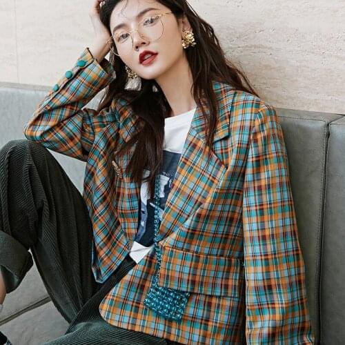 Autumn winter green plaid jacket coat Fashion button long sleeve coat casual office warm outwear oversized ladies jackets Y339