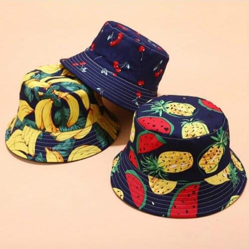 Fruit Printed Reversible Bucket Hat For Women Two Side Wear Watermelon Pineapple Banana Cherry Panama Female Fishing Cap Sun Hat