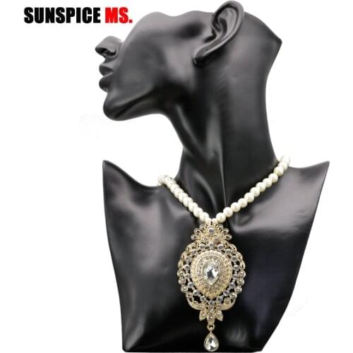 SUNSPICE MS Fashion Women Bead Pendant Necklace Gold Color Imitation Pearl Chain Round Flower Crystal Jewelry Drop Shipping 2018