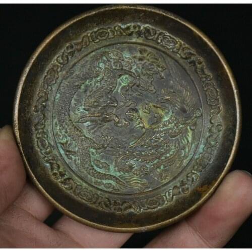Ancient China Dynasty Brozne Dragon Phoenix Plate Dish Circular Tray Fruit Tray Collection Ornaments