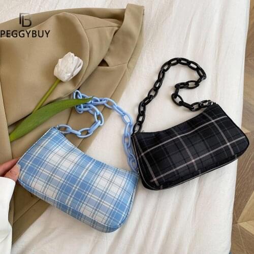 Women Casual Grid Print Acrylic Chain Underarm Bag Fashion Small Handbags Purse Vintage Underarm Top Mini Handle Bag