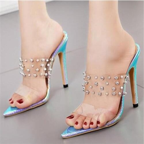 Women sandals PVC Slip On 11cm Thin Heels High heels Pointed Toe Shallow women shoes sandalias mujer 2020 size 35-42 Suit