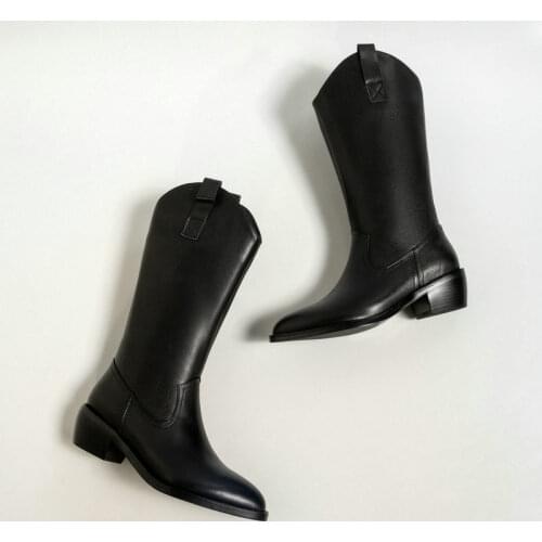 SKLFGXZY 2021 Winter Fashion Genuine Leather Women Mid-Calf WESTERN Boots Pointed Toe Boots Ladies Boots Black