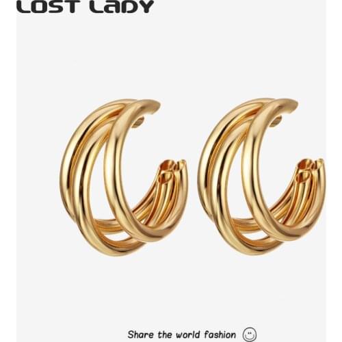 Lost Lady New Arrival Trendy Geometric Hollow Round Earrings Gold Color Alloy C Earrings For Women Fashion Metal jewelry Party