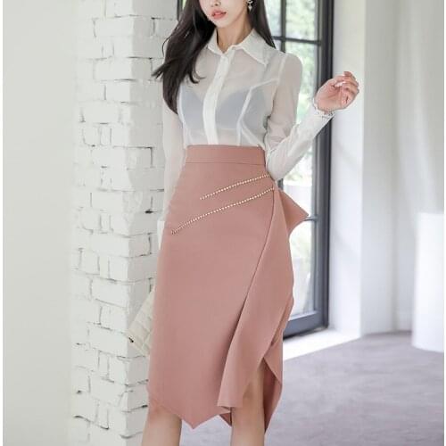 New 2 Pieces Set Women Spring Summer Perspective White Shirts Blouses High Waist Bodycon Pencil Ruffle Skirts Office Lady Suit