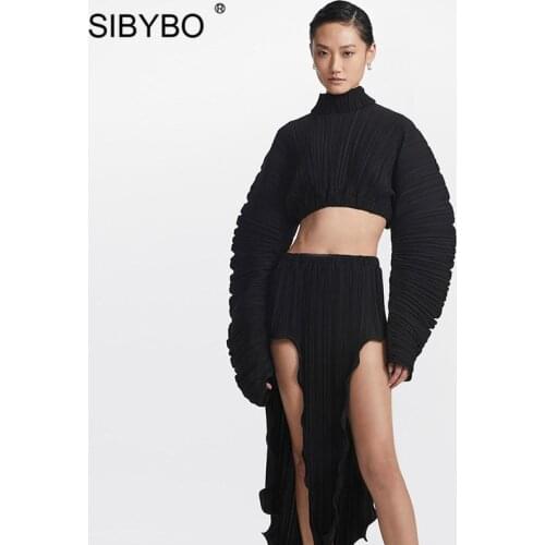 Sibybo 2021 Summer Y2K Clothes Women Two Piece Outfits Pleated Puff Sleeve Crop Tops And Asymmetrical Long Skirts Matching Set