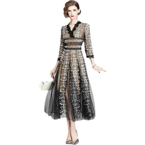 Euramerican Dress Elegant Womens Dresses Pearl Beading Mesh Embroidery Tunic Vestidos Black Boat Neck Long Sleeve A Line Dress