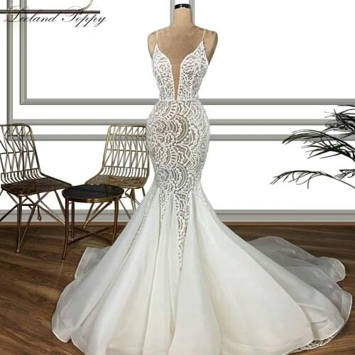 Lceland Poppy Sexy V Neck Mermaid Wedding Dresses 2021 Lace Appliques Sleeveless Pearls Beaded Bridal Gown Vestido de Noiva