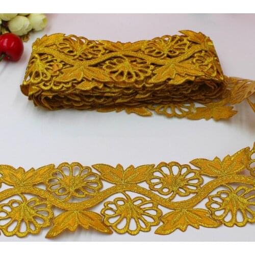 Gold Embroidery Lace Iron On 3d Flower Appliqued Lace Eyelet Braid ribbons 5cm