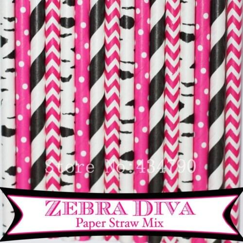 200pcs Mixed 4 Designs Zebra Diva Themed Paper Straws-Black,Deep Pink-Striped,Polka Dot,Zebra Print Paper Drinking Straws,Party