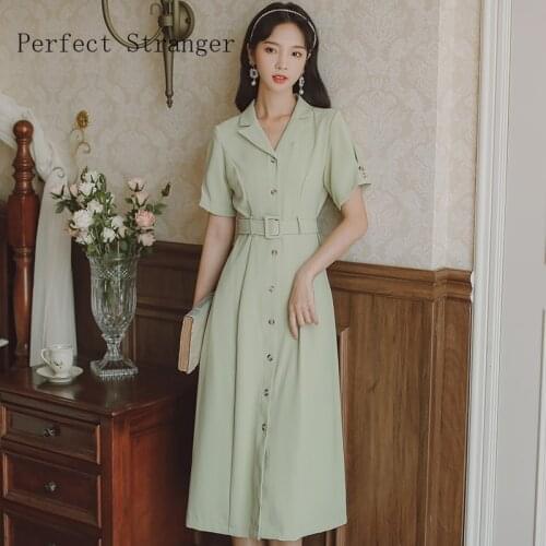 2021 Summer New Arrival Vintage Hot Sale Dresses For Women Turn-down Collar Solid Color Girl Long Dress