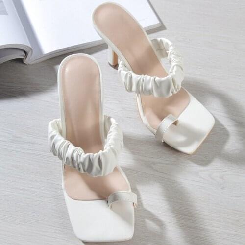 2021 Summer Concise Women High Heels Party Slippers White Flip Flops Square Toe Pencil Heels Slippers Trend Big Size Lady Shoes