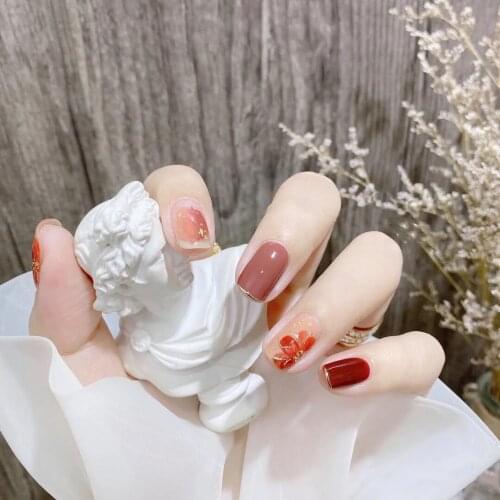 24pcs Red Blooming Flower Wear Short Paragraph Fashion Manicure Patch False Nails Save Time Wearable Nail Patch SANA889