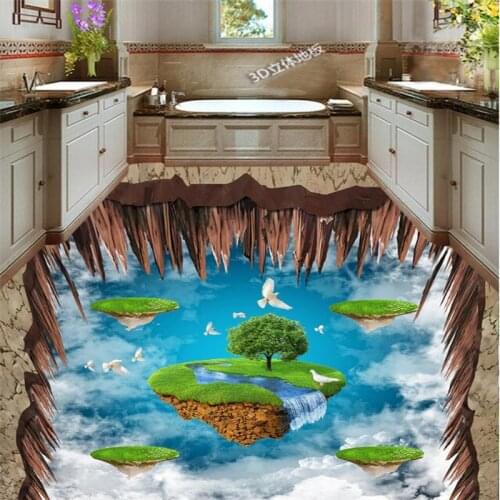 Beibehang 3d flooring mural Aerial Suspension Island Pigeon 3D Outdoor Floor Painting Living Room Room Bathroom Floor Wallpaper