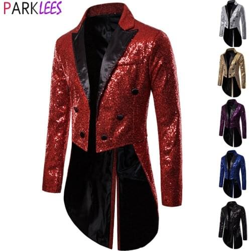Shiny Red Sequin Glitter Tuxedo Blazer Men Double Breasted Wedding Party Tailcoat Suits Mens Stage Prom Halloween Costume Homme