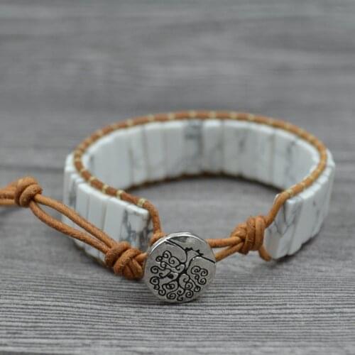 FYJS Unique Silver Plated Tree of Life Stackable White Howlite Stone Bracelet Handmade Weave Ethnic Jewelry