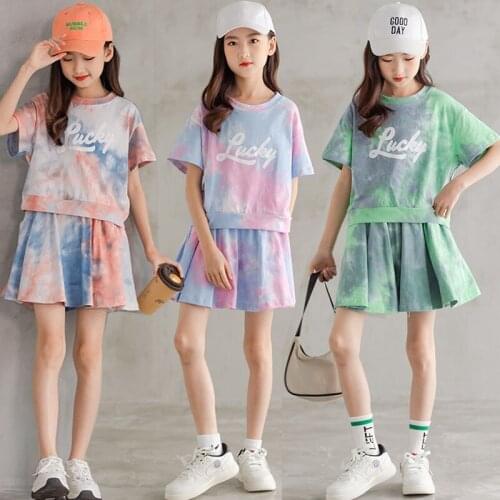 Kids Clothes Girls Sports Set 2021 New Summer Big Girls Outfits Tie Dye Children Tops with Safe Pants Two Pieces Teens Clothing
