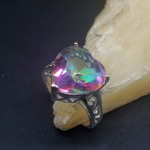 Hermosa Heart Shape Rainbow Fire Topaz Genuine 925 Silver Unique Band Ring Wedding Engagement Gifts for Women Size 8# 20214053