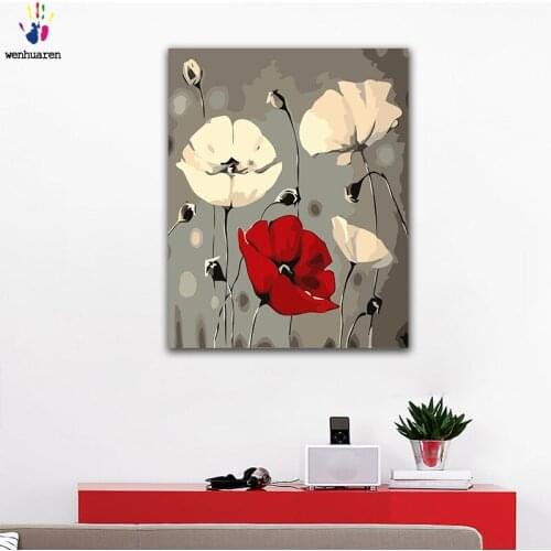 DIY colorings pictures by numbers with colors Red white poppies view picture drawing painting by numbers framed Home