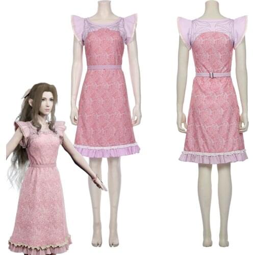 Final Fantasy VII Remake-Aerith Gainsborough Cosplay Costume Pink Dress Halloween Carnival Outfits