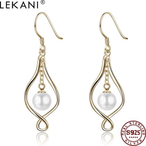 LEKANI 925 Sterling Silver Drop Earrings For Women Shell Pearl Geometric Champagne Gold Earring Simple Fine Jewelry Gift