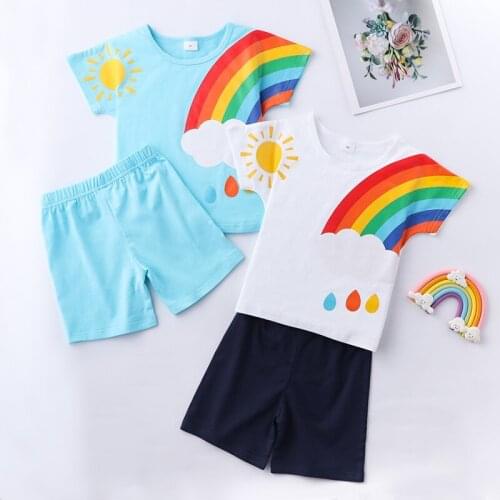 Summer Fashion Clothes Kids Clothes Set 2 Pcs Set Rainbow Clouds Short Sleeve T-shirt Tops+short Pants Cotton Baby Clothes 0-6Y