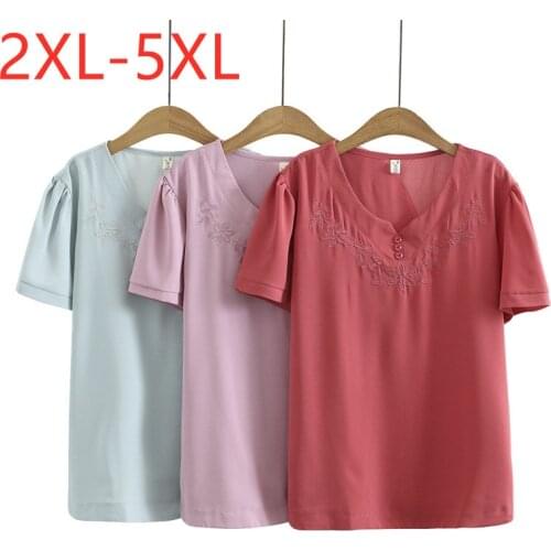 New 2021 Ladies Summer Plus Size Tops For Women Large Short Sleeve Red Blue Floral Embroidery V-neck T-Shirt 2XL 3XL 4XL 5XL