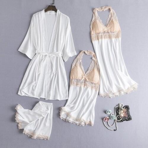 4 Pieces Pajama Set Sexy Lace Satin Sleepwear Women Summer Spring Fashion Pajamas for Women Robe Sleep Lounge