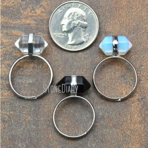 RM11544 10Pcs Cheap Sliver Plated Faceted Double Terminated Point Ring Black Glass, Clear Crystal, Opal Ring Adjustable