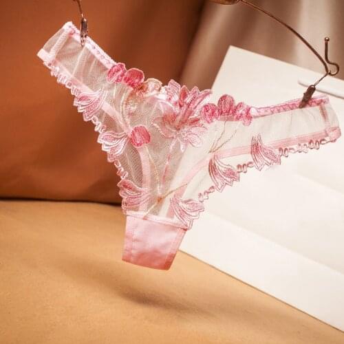 New Pink Flower Embroidery Sexy Woman Underwear Seamless Thong Mesh Gauze Hollow Briefs Low Waist Comfortable Underwear Thong