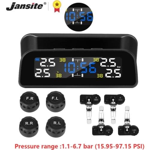 Jansite TPMS Wireless Car Tire Pressure Alarm Monitoring System Clock LCD Display 360 Degree Rotation Solar Power Charge Sensors