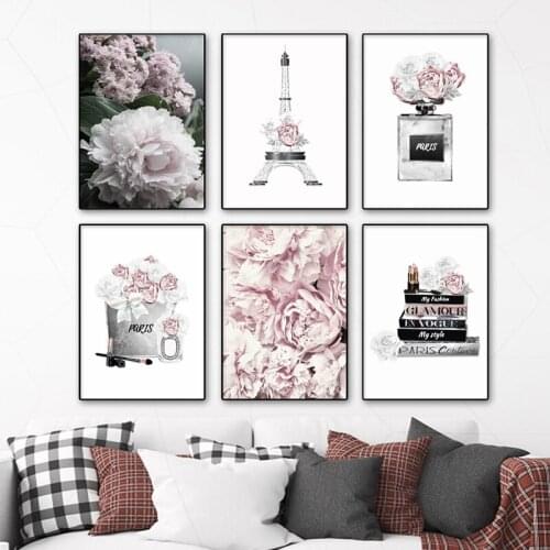 Nordic Posters And Prints Paris Tower Pink Peony Perfume Books Wall Art Canvas Painting Wall Pictures For Living Room Decor