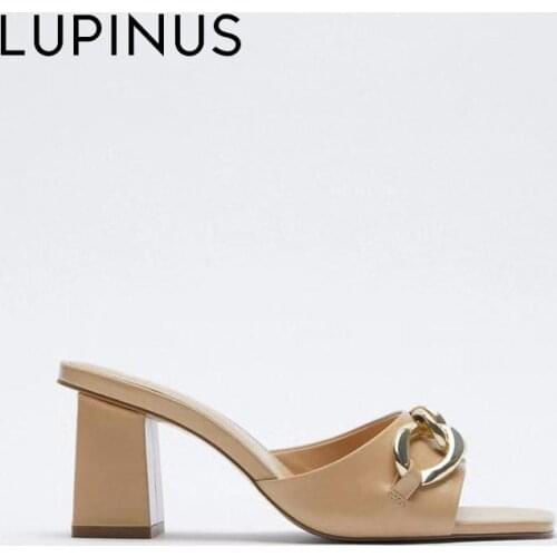 LUPINUS Fashion Gold Chain Women Sandals Chic Square Toe Open Toe Women Mules 8cm Spring Women High Heels Casual Women Shoes