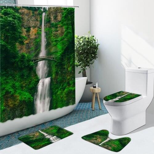 Waterfall Forest Landscape Shower Curtain Bridge Sea View Non-Slip Flannel Rugs Toilet Cover Bath Mat Bathroom Set Indoor Decor