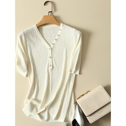 Thin Knitted Button Women T-Shirts Summer New 2021 V-Neck Elastic Office Lady Elegant Outwear Pulls Tops Tees