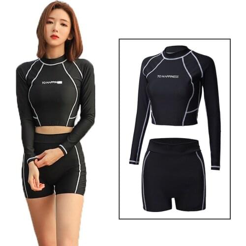Womens Rashguard UV Sun Protection Crop Shirt Long Sleeve Swim Surfing Top High Waist Boyleg Bottom Two Pieces Tracksuit