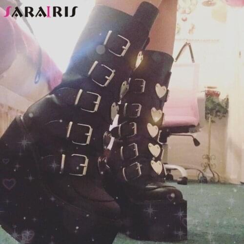 SaraIris INS Hot Sale Women Boots Zipper Heart Buckle Wedges Thick Bottom Platform Mid Calf womens Boots Goth Cosplay Shoes