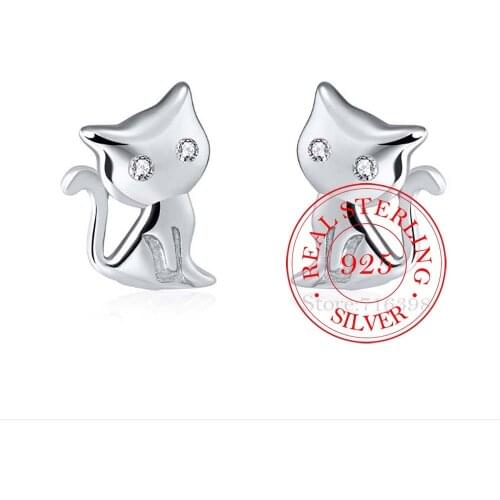 925 Sterling Silver Animals Cat Stud Earrings For Women Girls Female Wedding Fashion Jewelry