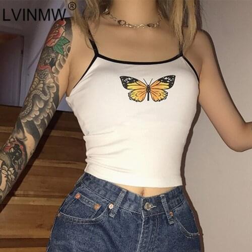 LVINMW Sexy Butterfly Print Spaghetti straps Slash Neck Camisole Top 2019 Summer Women Backless Slim Crop top Female Skinny Tops