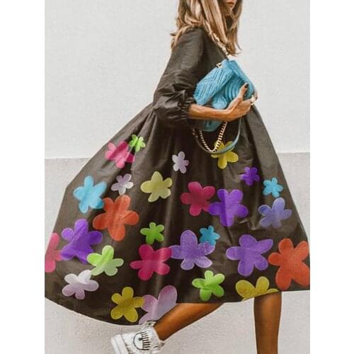 Women Vintage O-neck Floral Print Loose A-Line Dress Half Sleeve Party Dress Autumn Elegant Fashion Ladies Dresses Vestidos