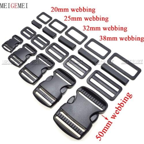 1 set Plastic Slider Adjustable Buckle D Rings Belt Loop Curved Side Release Buckles 20mm 25mm 32mm 38mm 50mm webbing