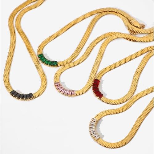18K Gold Plated Stainless Steel Snake Chain Necklace For Women Candy Color Rectangle Zircon Choker Necklace