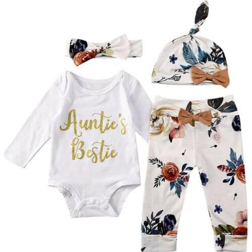 4Pcs Infant Newborn Baby Boy Girl Clothes Outfit Set Letter Cotton White Rompers and Floral Long Pants Headband Hats Set 6-24M