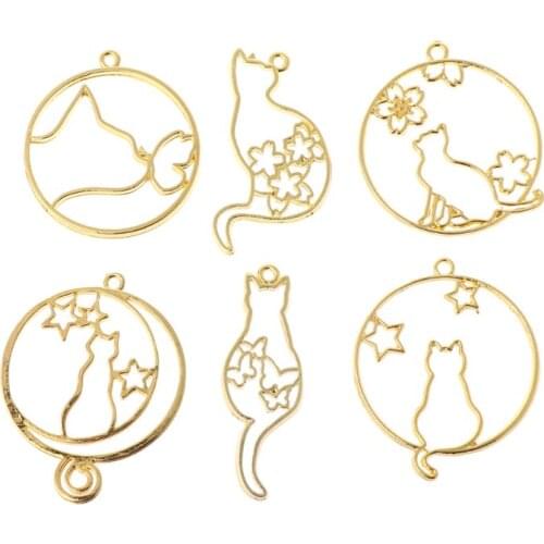 6 Pcs/Set Metal Frame DIY Jewelry Necklace Pendant Gold Kitten Cat Cute Hollow Frames UV Epoxy Resin Tools