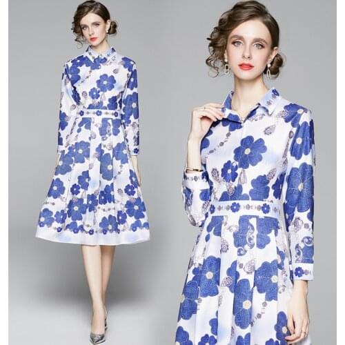 England Style Elegant Fashion Disign Print Knee-Length Blue Dress Puff Sleeve Office Tunic Sim Button Summer A-Line Shirt Dress