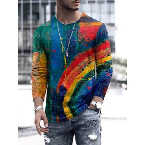 Men T-shirt Long Sleeve Rainbow Graffiti Print O-neck Fashion Tops 2021 Summer Casual Loose Milk Shreds Mens Plus Size Clothing