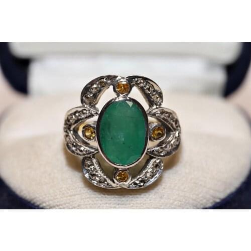 Perfect Old Vintage 12k Gold Natural Diamond And Emerald Decorated Pretty Strong Ring